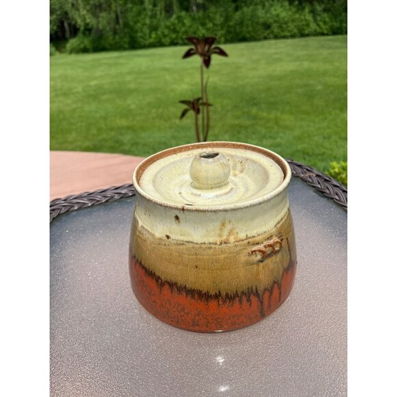 Vtg Handmade Studio Art Fine Pottery Vessel With Lid Glazed Brown Beige Bronze